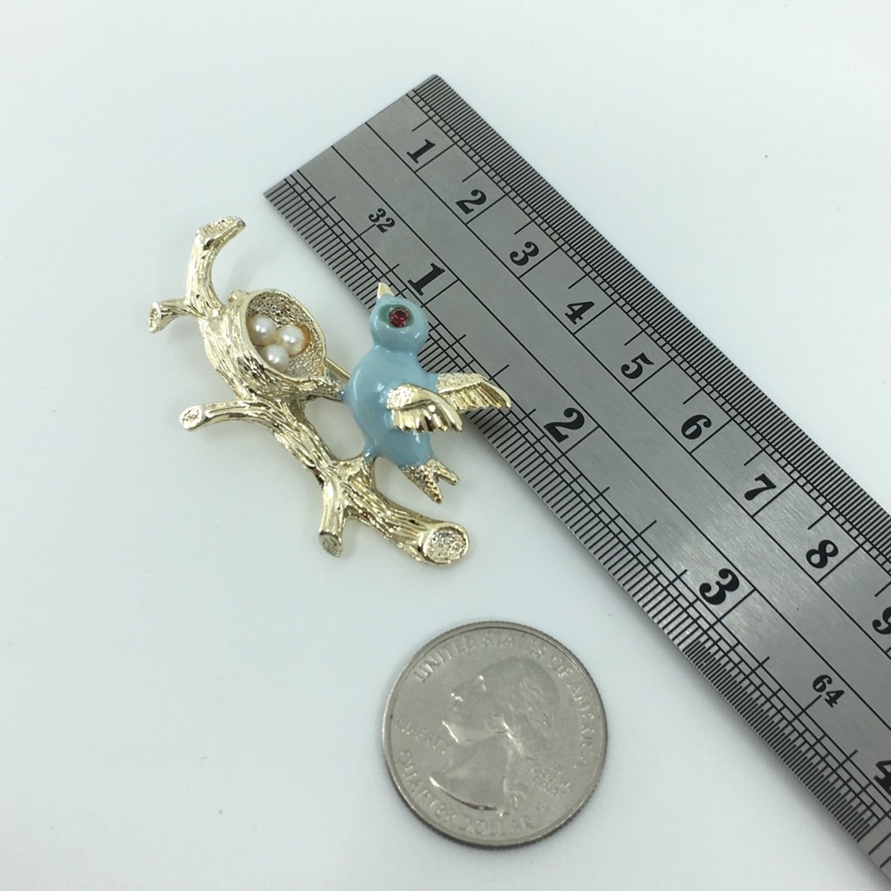 Vintage Gerry's Blue Enamel Bird Pearls Eggs Nest Brooch Pin 60’s Mid Century - Picture 7 of 8